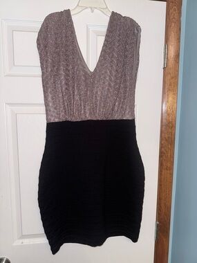 Express V-Neck Metallic Taupe and Black Mini Dress.